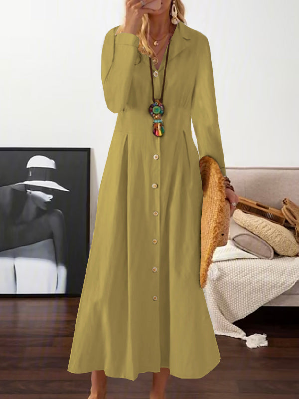 xakxx Long Sleeves Loose Pleated Lapel Midi Dresses Shirt Dress