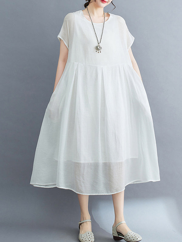 xakxx Loose Short Sleeves Solid Color Split-Joint Round-Neck Midi Dresses