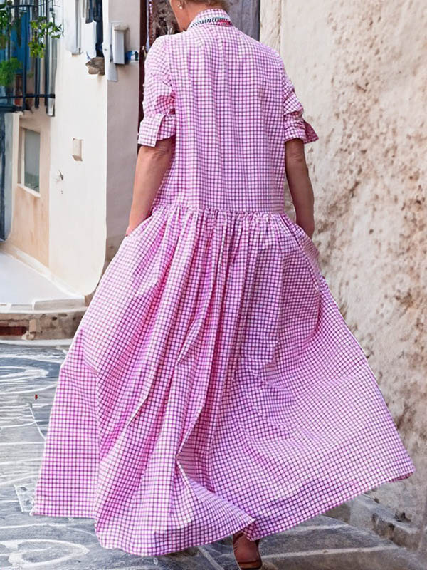 xakxx Long Sleeves Loose Buttoned Plaid Pleated Split-Joint Lapel Maxi Dresses