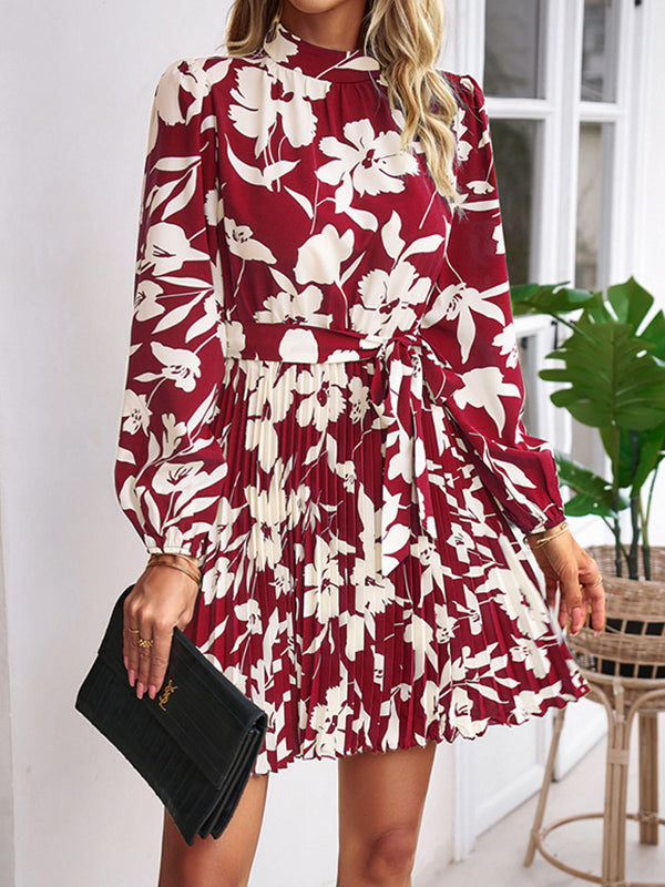 xakxx High Waisted Long Sleeves Flower Print Pleated Tied Waist Mock Neck Mini Dresses