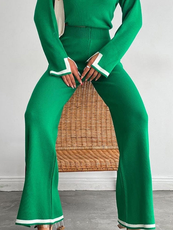 xakxx xakxx-Urban Loose Contrast Color Long Sleeves Round-Neck Sweater Tops & Pants Suits