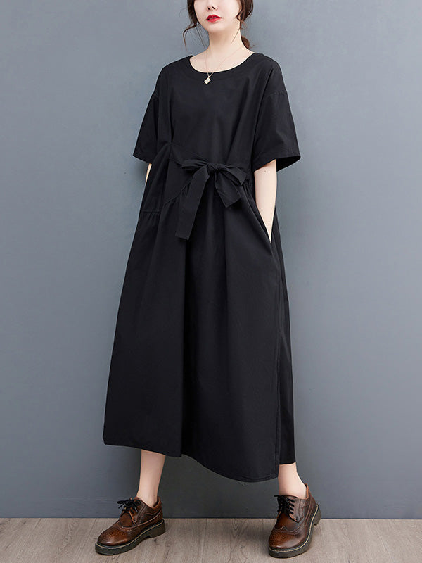 xakxx Casual Half Sleeves Loose Solid Color Round-Neck Midi Dresses