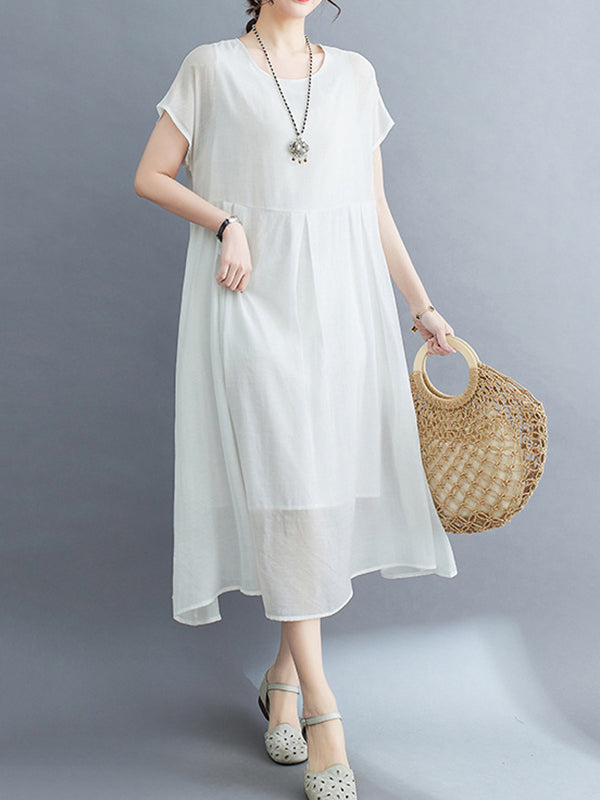 xakxx Loose Short Sleeves Solid Color Split-Joint Round-Neck Midi Dresses
