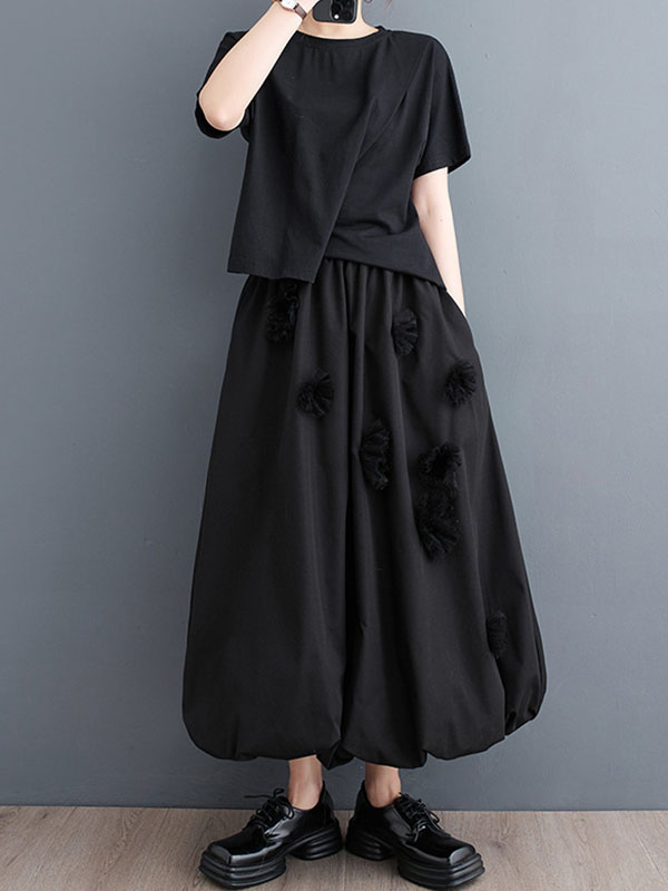 xakxx Loose Flower-Embellished Elastics Solid Color Skirts Bottoms