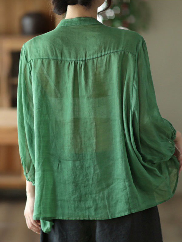 xakxx Loose Three-Quarter Sleeves Pleated Solid Color Split-Joint Stand Collar Blouses&Shirts Tops