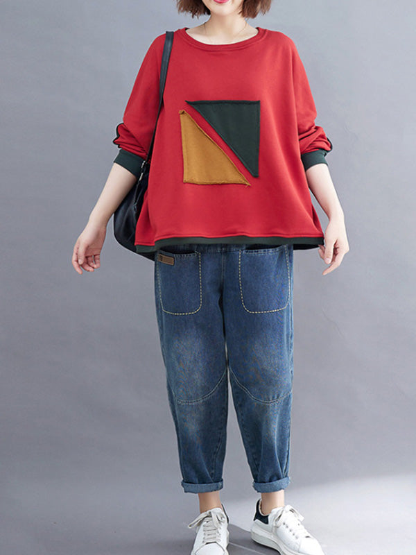 xakxx Artistic Retro Loose Triangle Applique Contrast Color Round-Neck Long Raglan Sleeves Sweatshirt
