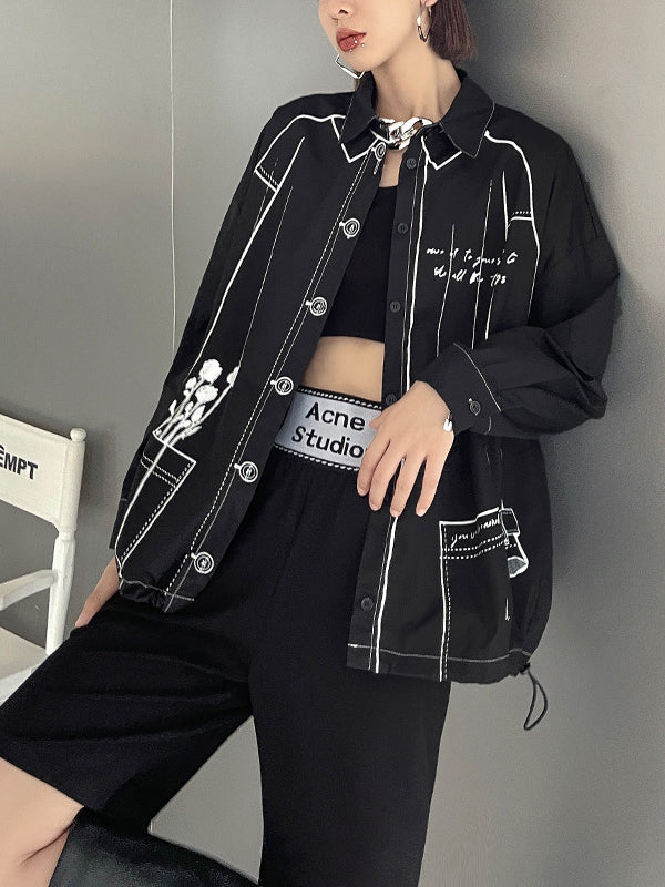 xakxx Casual Contrast Color Printed Drawstring Blouse Top