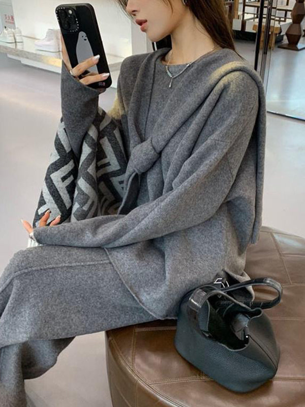 xakxx xakxx-Solid Color Long Sleeves Loose Round-Neck Three Pieces Set