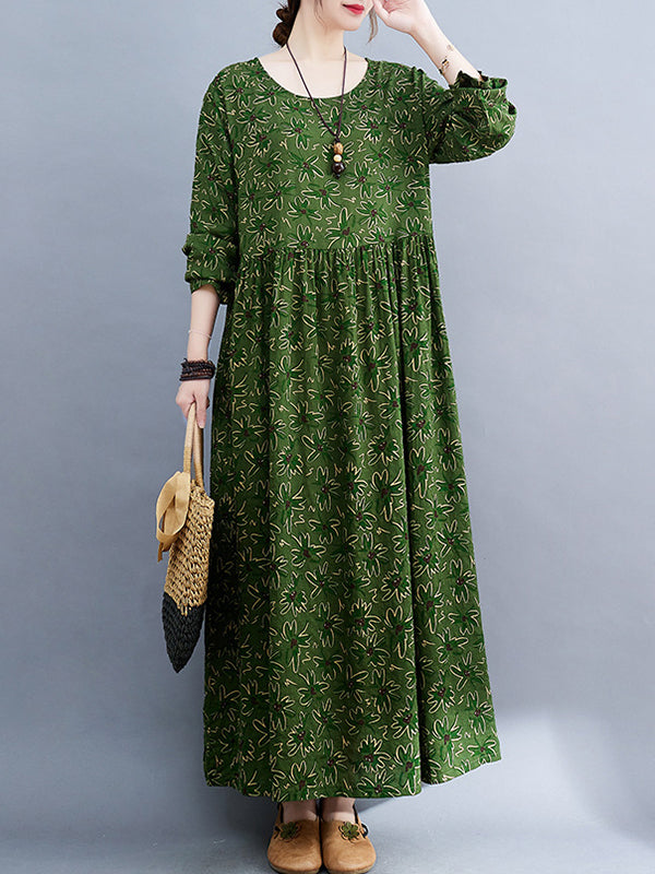 xakxx Artistic Retro Long Sleeves Loose Floral Printed Round-Neck Midi Dresses