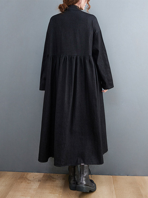 xakxx Original Loose Denim Split-Joint Tied Lapel Collar Long Sleeves Midi Dress