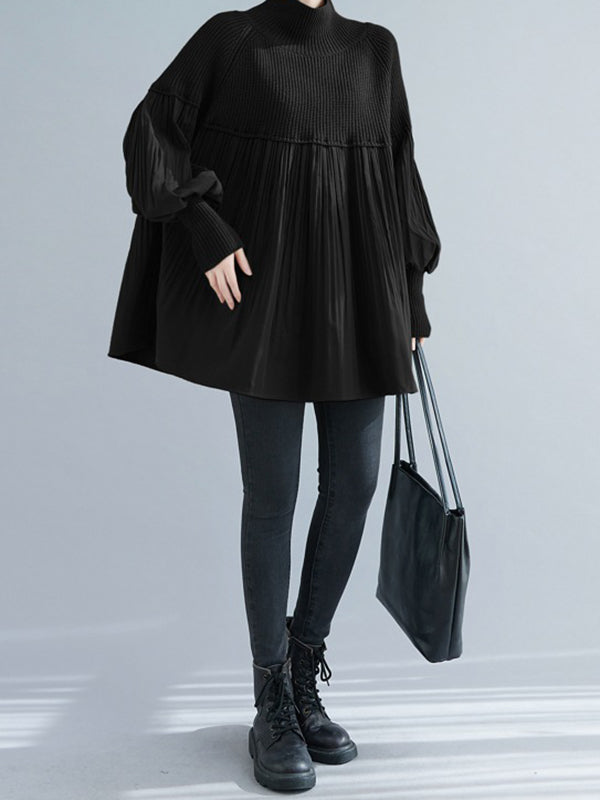 xakxx Long Sleeves Loose Pleated Split-Joint High Neck Sweater Tops
