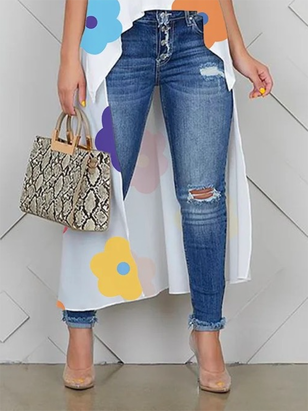 xakxx High-Low Loose Contrast Color Floral Printed Round-Neck Vest Top