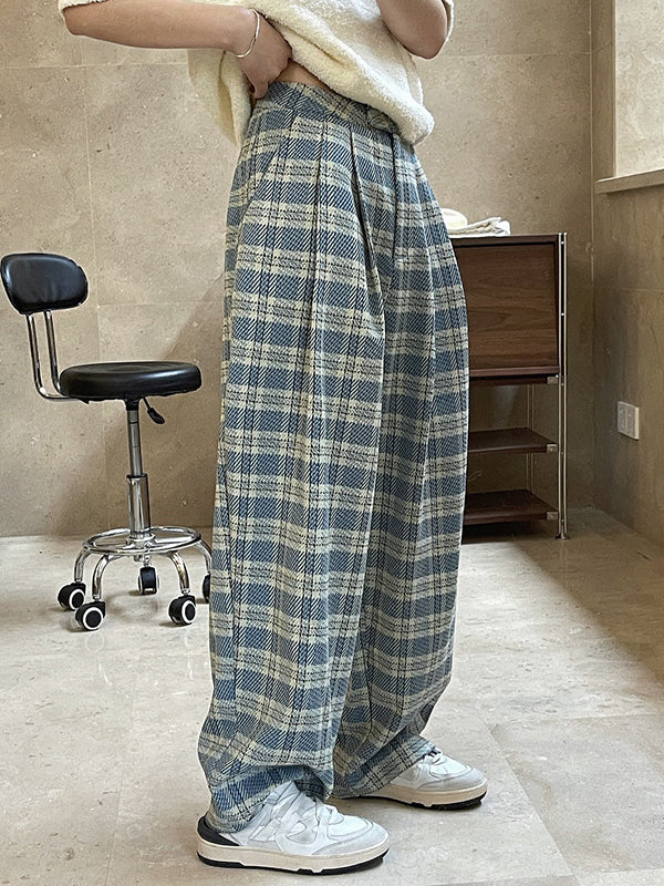 xakxx Vintage Wide Leg High-Waisted Pleated Plaid Pants