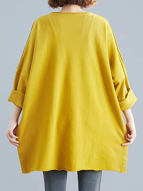 xakxx High-Low Long Sleeves Pockets Solid Color Split-Joint Split-Side Round-Neck Sweatshirt Tops