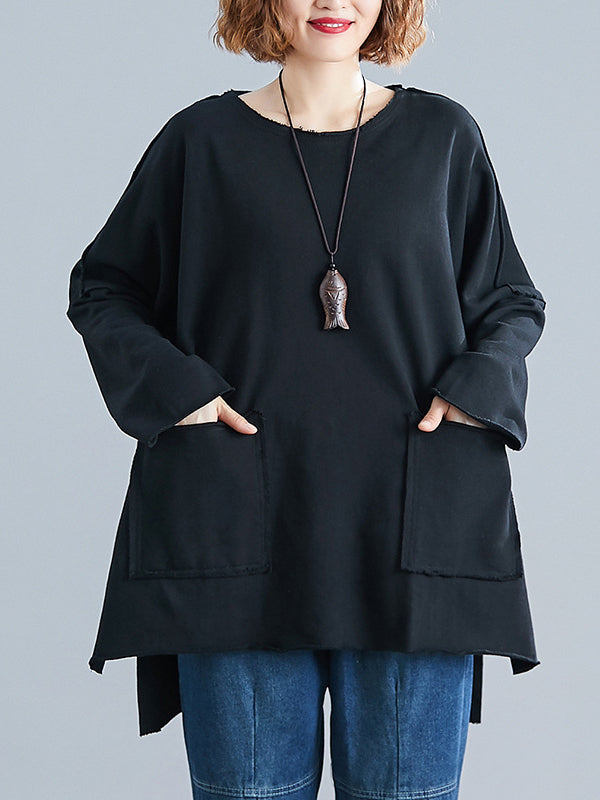 xakxx High-Low Long Sleeves Pockets Solid Color Split-Joint Split-Side Round-Neck Sweatshirt Tops