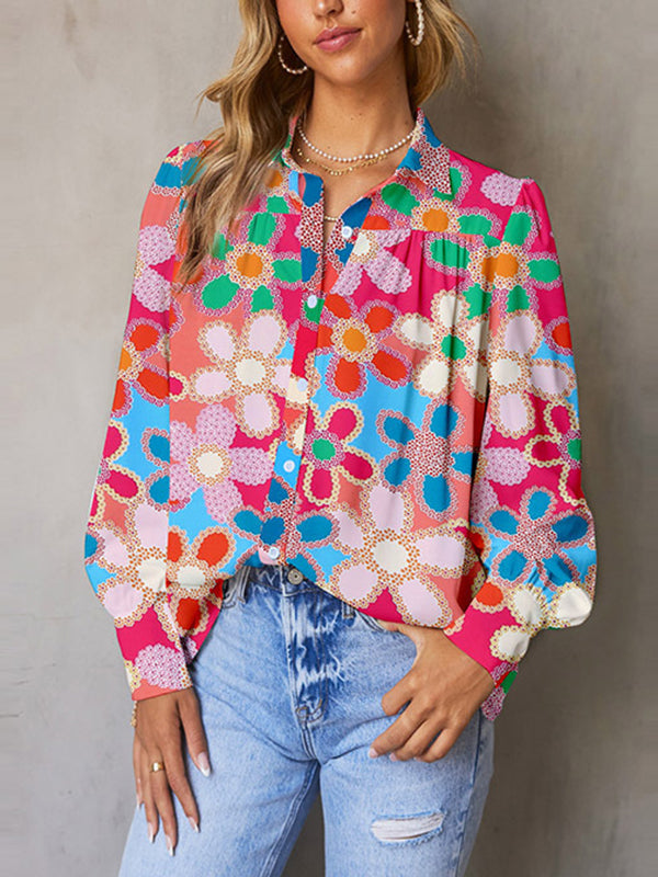 xakxx Bishop Sleeve Long Sleeves Buttoned Flower Print Lapel Blouses&Shirts Tops