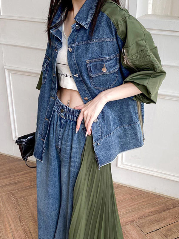 xakxx Loose Ninth Pants Contrast Color Pleated Split-Joint Jean Pants Bottoms
