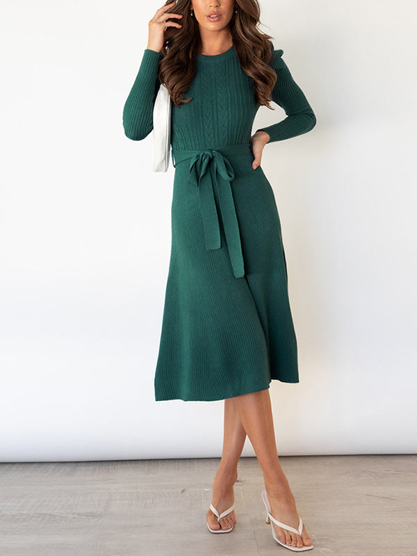 xakxx High Waisted Long Sleeves Solid Color Tied Waist Round-Neck Midi Dresses Sweater Dresses