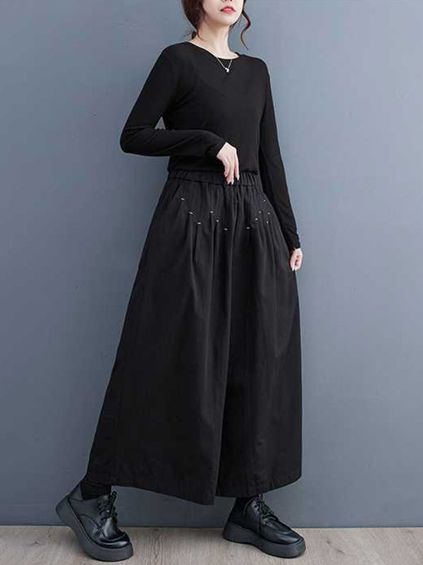 xakxx Loose Wide Leg Elasticity Embroidered Pleated Ninth Pants Trousers