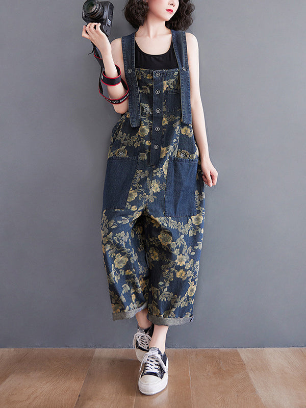 xakxx Oversize Floral Printed Denim Overalls