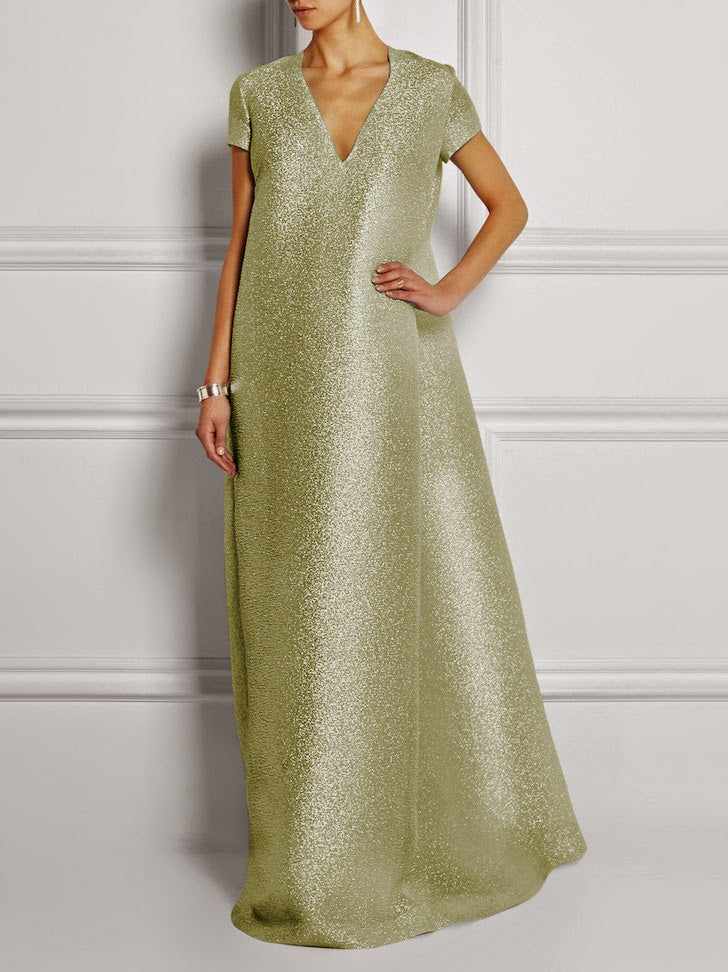 xakxx Loose Short Sleeves Shiny Solid Color V-Neck Maxi Dresses