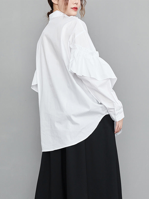 xakxx Casual Loose Long Sleeves Buttoned Ruffled Solid Color Lapel Collar Blouses&Shirts Tops