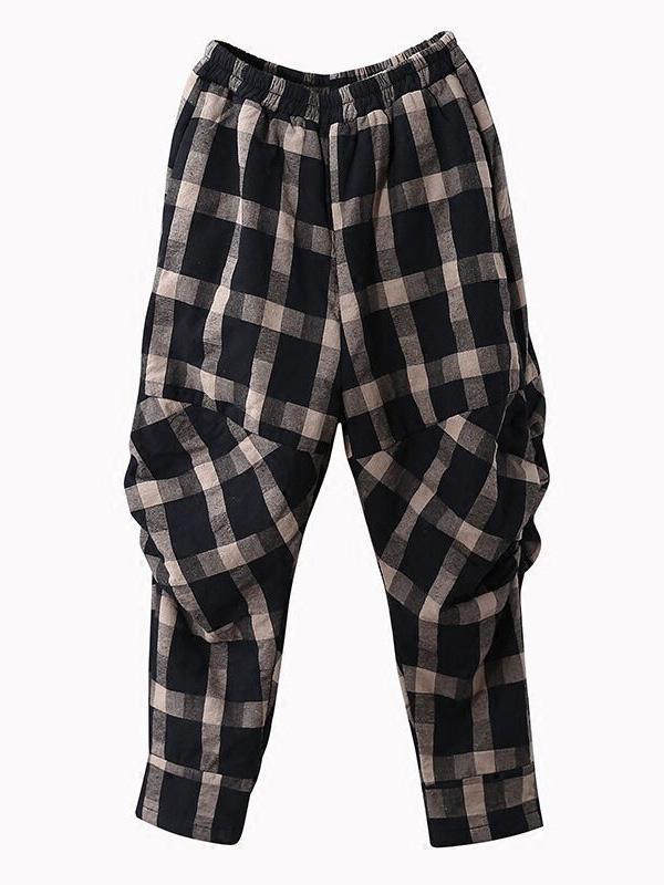 xakxx Vintage Plaid Thickening Pleated Harem Pants