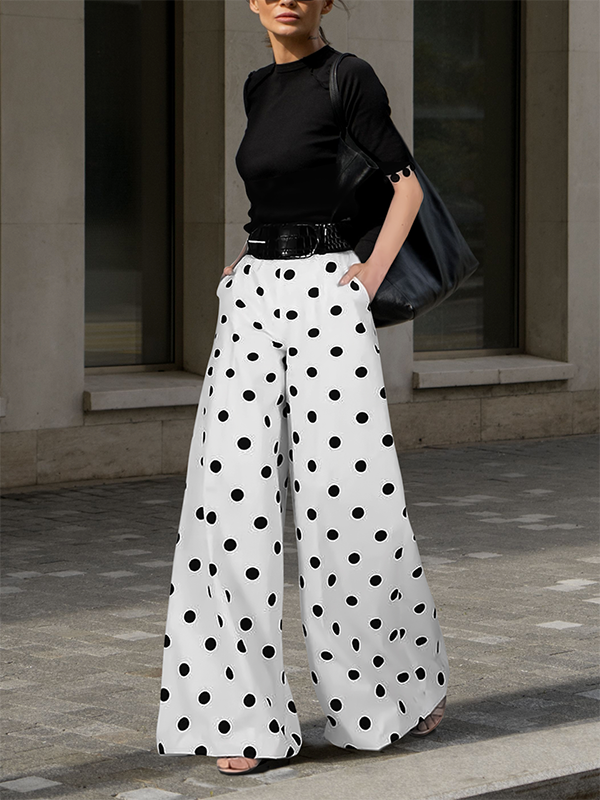 xakxx Loose Wide Leg Polka-Dot Casual Pants Bottoms