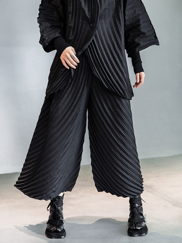xakxx Urban Solid Color Pleated Outerwear&Pants Two Pieces Set