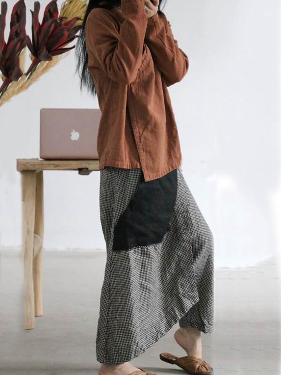 xakxx Vintage Plaid Split-joint Cropped Linen Pants