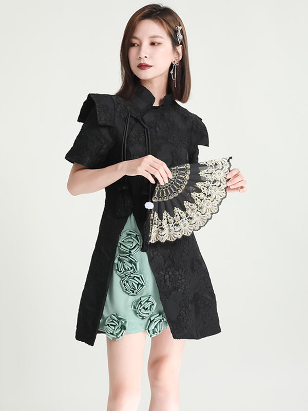 xakxx Vintage Contrast Color Applique Embroidered Short Cheongsams Mini Dress