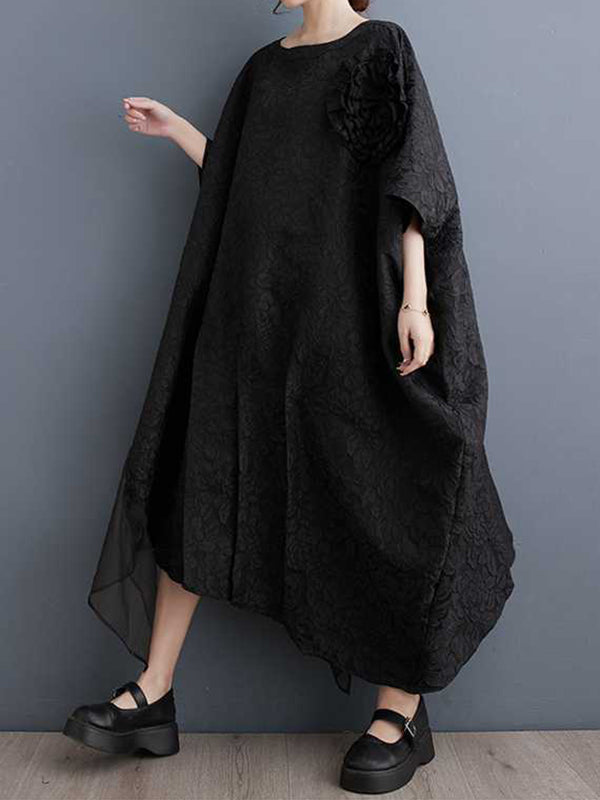 xakxx Batwing Sleeves Loose Asymmetric Flower Shape Gauze Jacquard Pleated Solid Color Split-Joint Round-Neck Midi Dresses