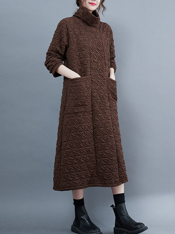 xakxx Casual Long Sleeves Loose Solid Color Textured High-Neck Cotton Padded Midi Dresses