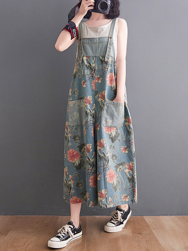 xakxx Oversize Wide Leg Floral Printed Split-Joint Overalls
