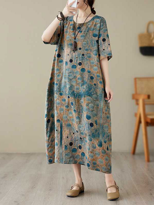 xakxx Half Sleeves Loose Contrast Color Polka-Dot Printed Round-Neck Midi Dresses
