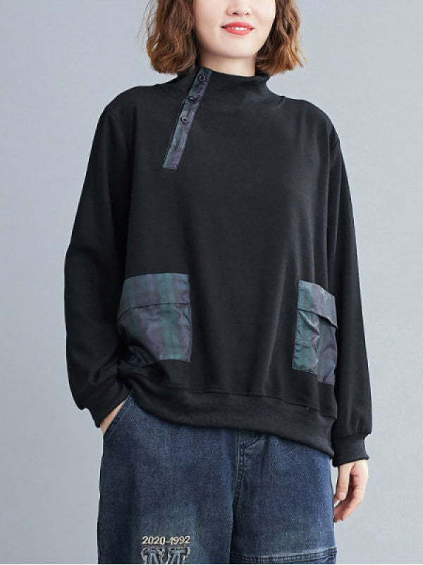xakxx Simple Long Sleeves Loose Split-Joint Solid Color High-Neck Sweatshirt Tops