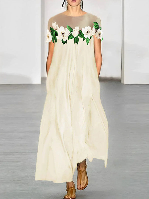 xakxx Loose Short Sleeves Flower-Embellished Split-Joint Round-Neck Maxi Dresses