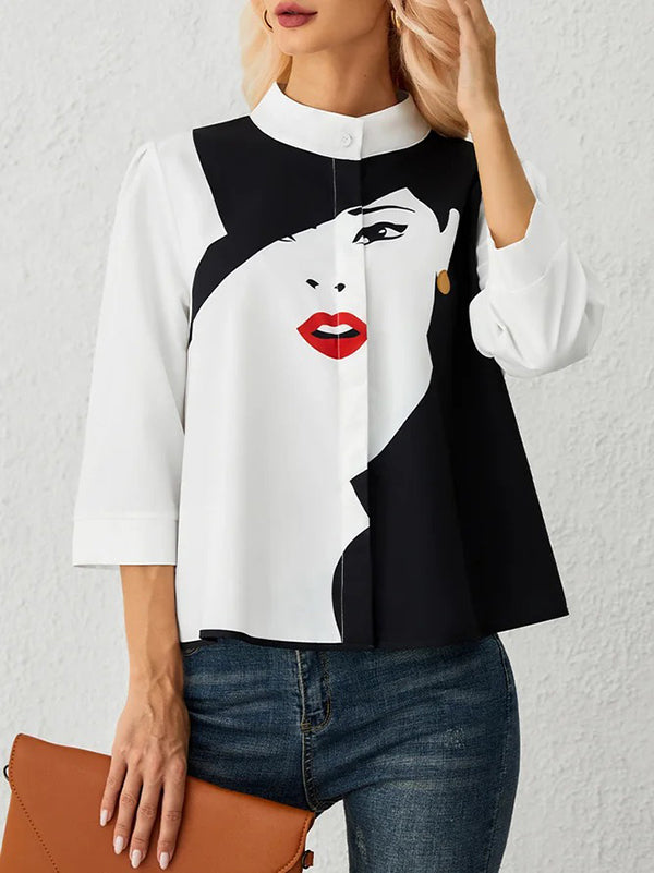 xakxx Casual Three-Quarter Sleeves Figure Buttoned Printed Stand Collar Blouses&Shirts Tops
