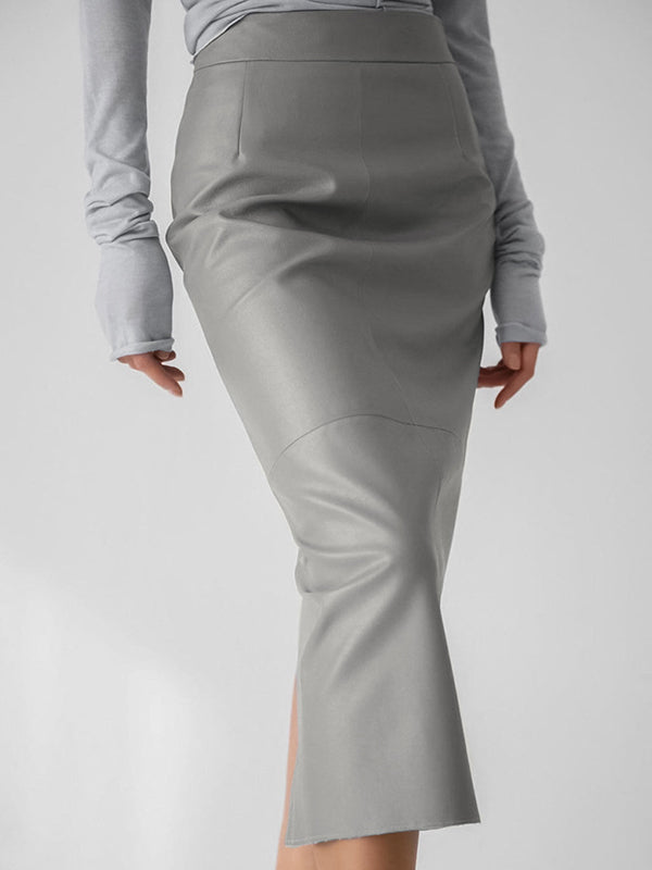 xakxx Skinny Solid Color Split-Back Split-Joint PU Skirts