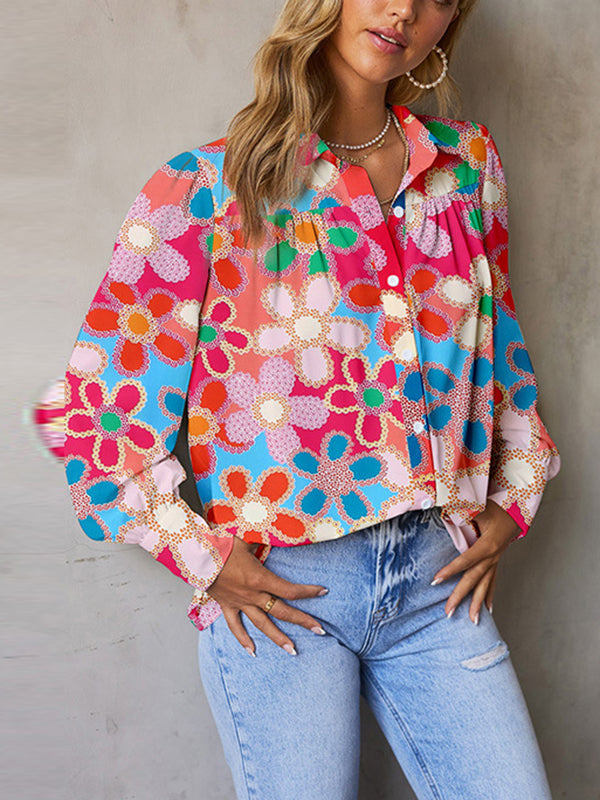 xakxx Bishop Sleeve Long Sleeves Buttoned Flower Print Lapel Blouses&Shirts Tops