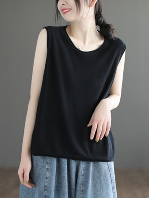 xakxx Loose Sleeveless Solid Color Round-Neck Knitting Vest Top