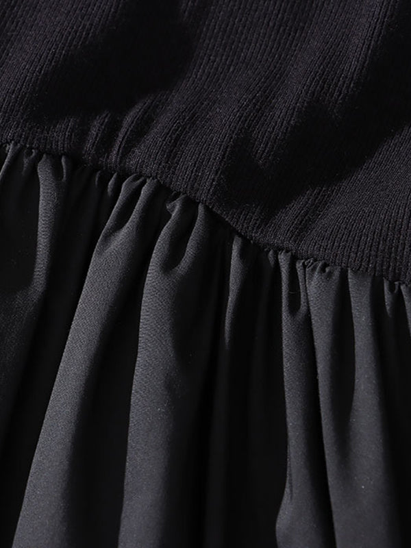 xakxx A-Line Long Sleeves Elasticity Hollow Solid Color Split-Joint Round-Neck Midi Dresses