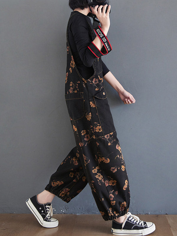 xakxx Original Floral With Pocket Harem Denim Overalls