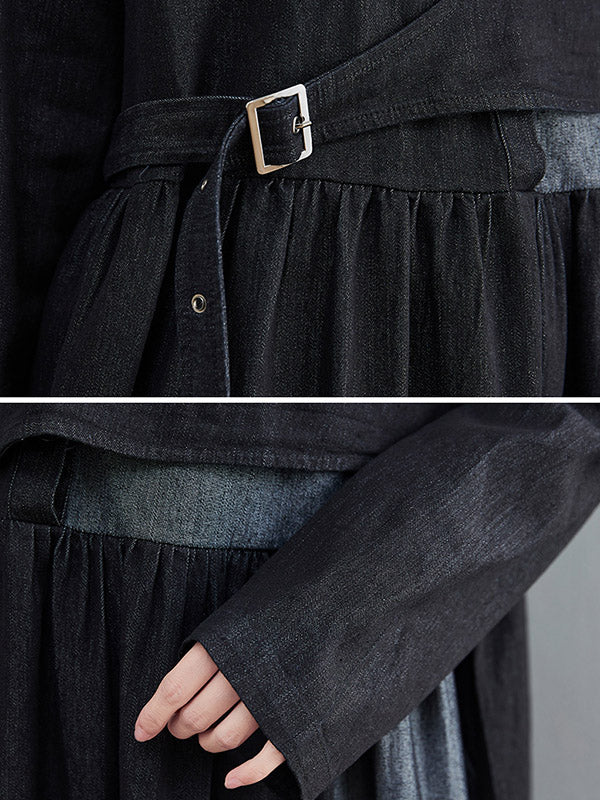 xakxx Original Loose Denim Split-Joint Tied Lapel Collar Long Sleeves Midi Dress