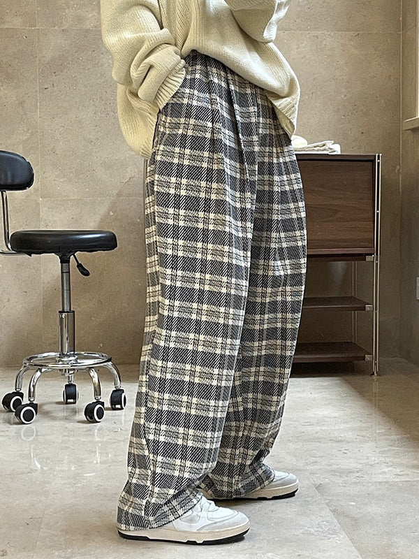 xakxx Vintage Wide Leg High-Waisted Pleated Plaid Pants