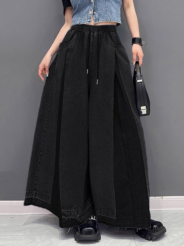 xakxx Loose Wide Leg Contrast Color Drawstring Fringed Pockets Jean Pants Bottoms