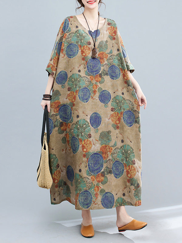 xakxx Casual Half Sleeves Loose Floral Printed Contrast Color Polka-Dot Round-Neck Midi Dresses