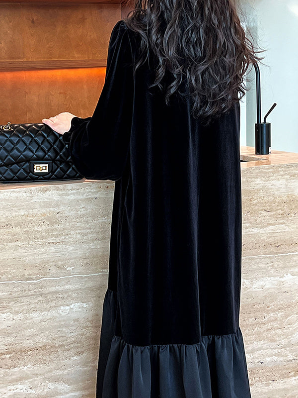 xakxx Flared Sleeves Long Sleeves Contrast Color Pleated Ruffled Split-Joint Velvet Round-Neck Midi Dresses