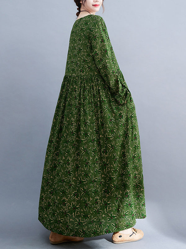 xakxx Artistic Retro Long Sleeves Loose Floral Printed Round-Neck Midi Dresses