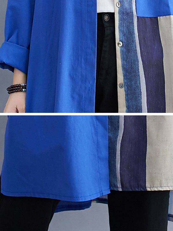 xakxx Original Buttoned Contrast Color Split-Joint Long Sleeves Lapel Blouse